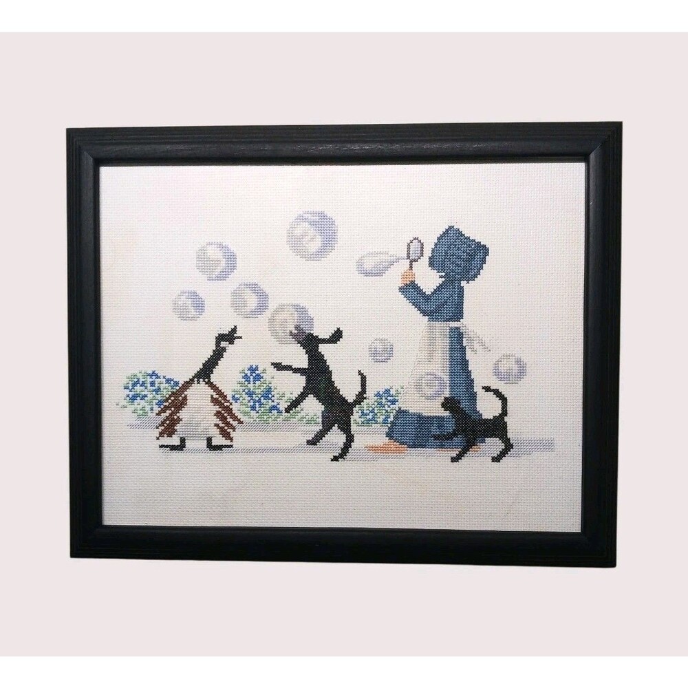 Vtg Diane Graebner Completed Cross Stitch Framed Bubble Play Amish Cottagecore